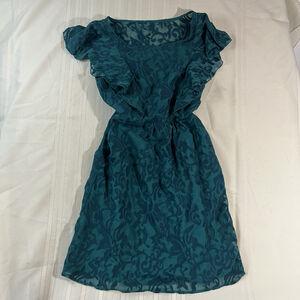 Anthropologie Moulinette Soeurs Dress Sz 10 Teal Layered Sheer Ruffle Sleeve Tie